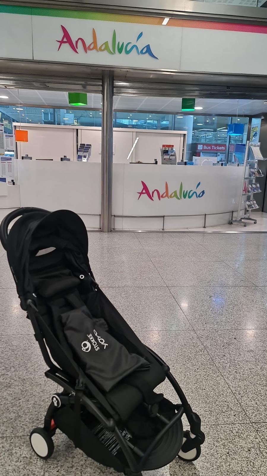 Stokke YOYO stroller ready in the arrivals hall at Málaga Airport