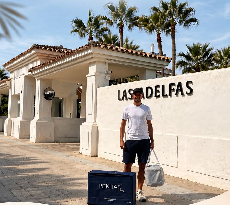 David from CostaSol delivering a travel cot at a residential complex in Estepona